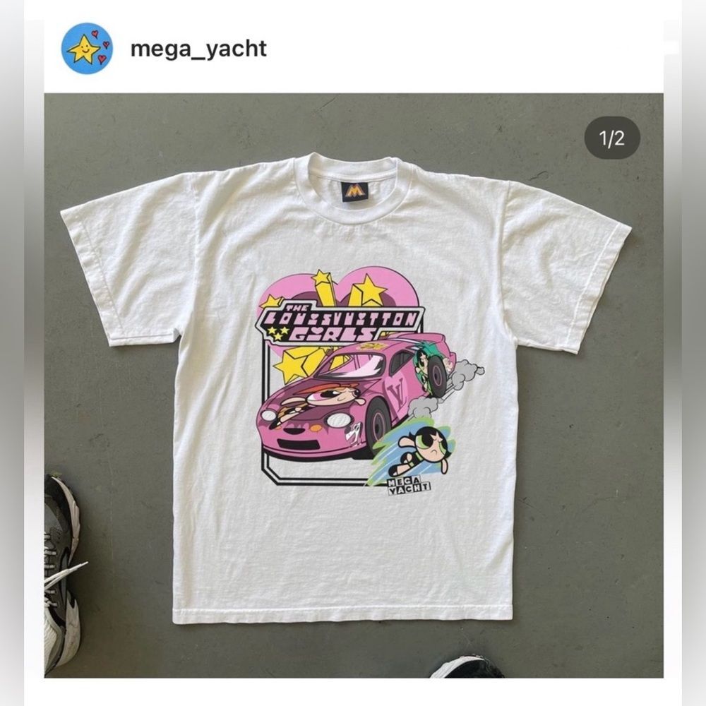 Mega Yacht Mens Size XXL White Powerpuff Girls Cartoon Designer Graphic T- Shirt